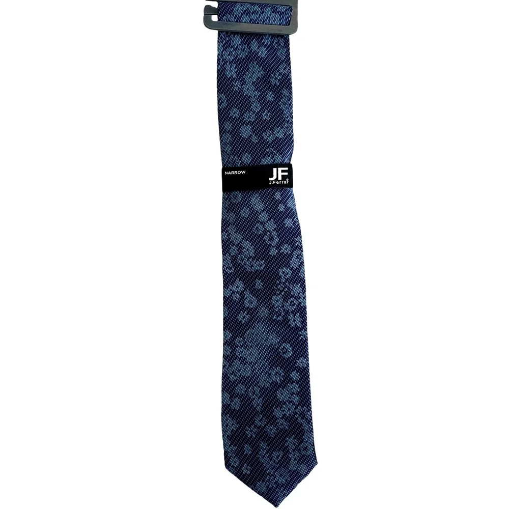 2pc Set J Ferrar Narrow Epic Indigo Floral Stripe Tie & Express Pocket Square